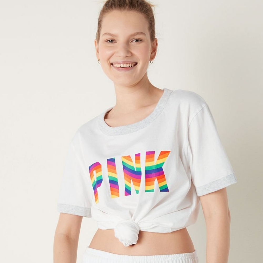 Victoria's Secret PINK Rainbow Pride Short Sleeve Campus Ringer Tee T-Shirt XXL